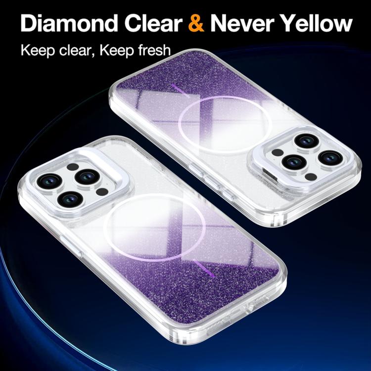 For iPhone 14 Pro Max Glitter Gradient Magnetic Lens Frame Holder Phone Case