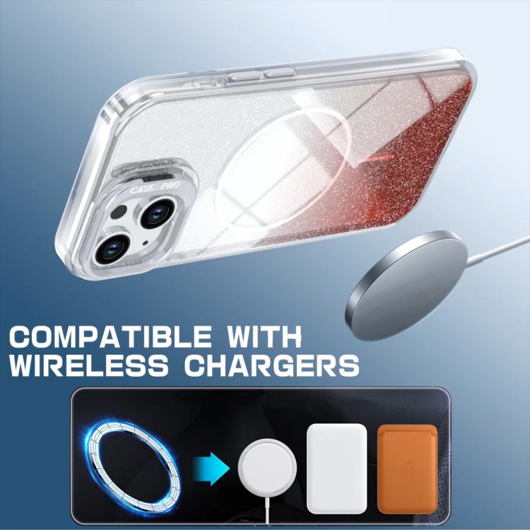 For iPhone 14 Plus Glitter Gradient Magnetic Lens Frame Holder Phone Case