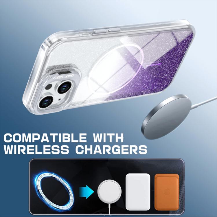 For iPhone 14 Plus Glitter Gradient Magnetic Lens Frame Holder Phone Case