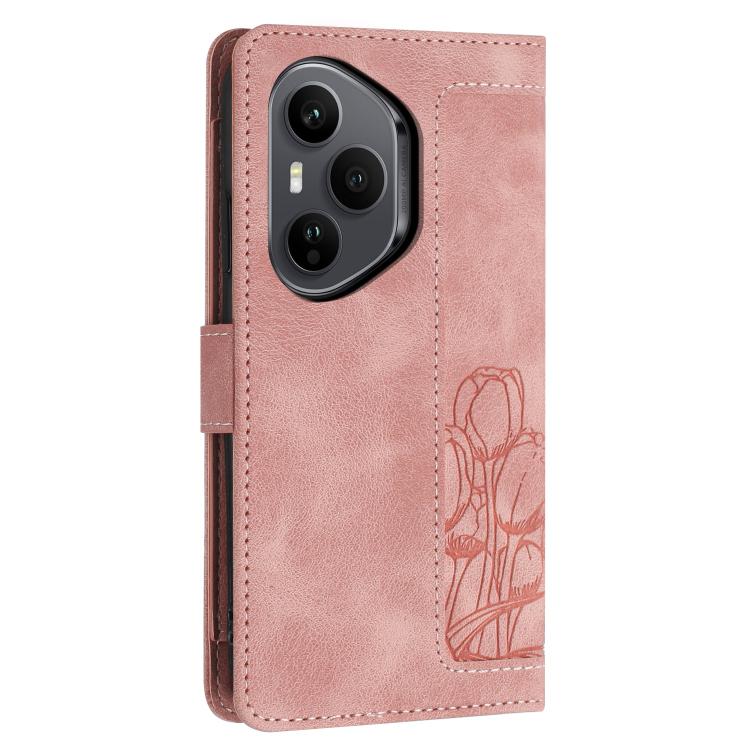 For Honor 400 Pro Global 160.8mm Tulips Embossed Leather Phone Case with Lanyard