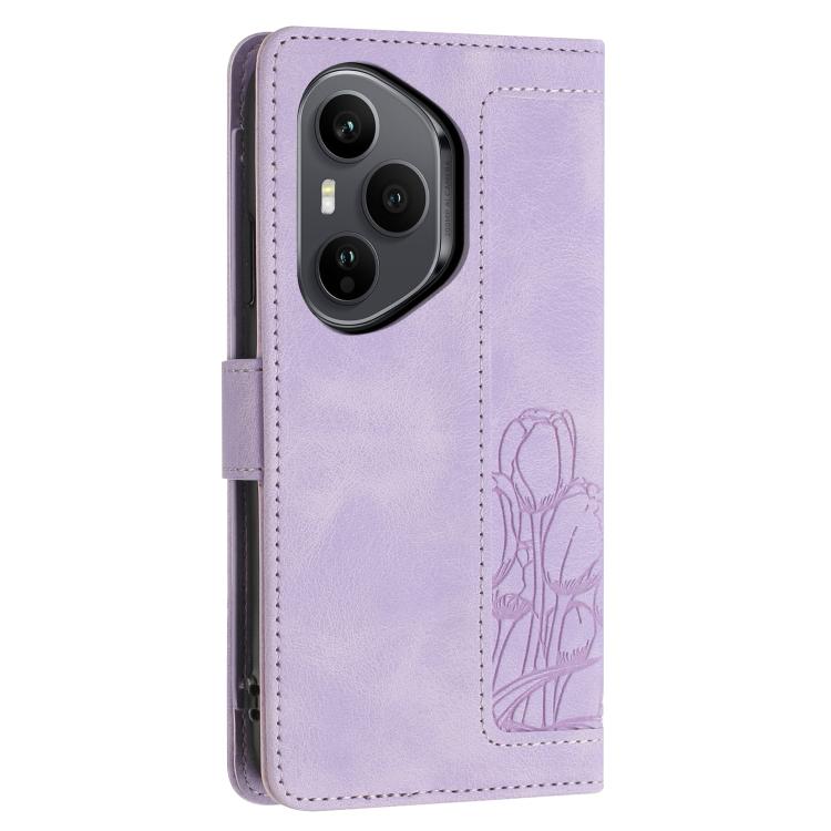 For Honor 400 Pro Global 160.8mm Tulips Embossed Leather Phone Case with Lanyard