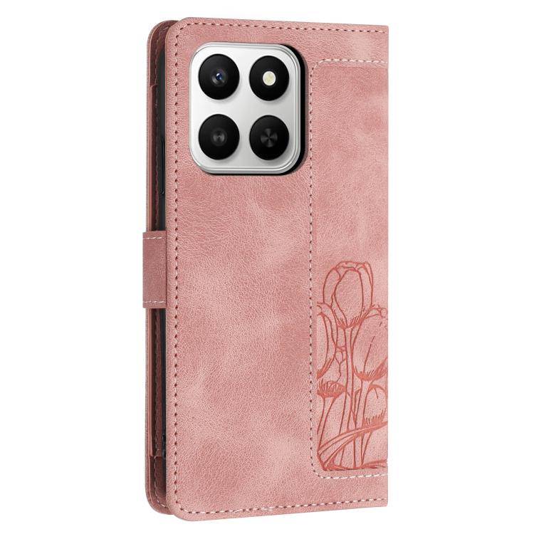For Honor 400 Smart Global Tulips Embossed Leather Phone Case with Lanyard