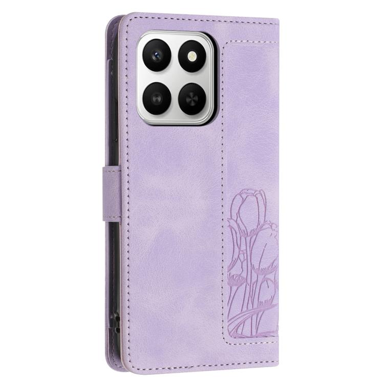 For Honor 400 Smart Global Tulips Embossed Leather Phone Case with Lanyard