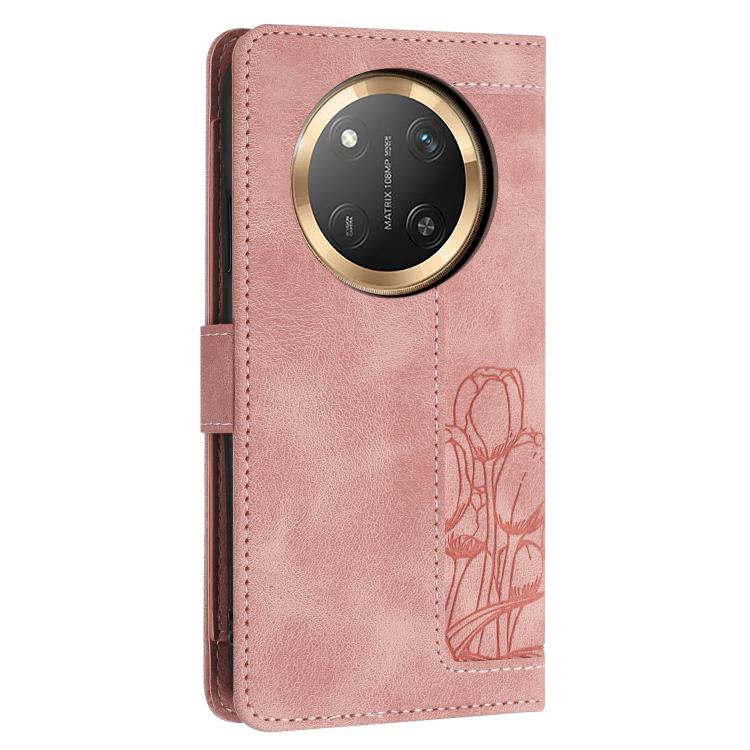 For Honor X60 Pro Tulips Embossed Leather Phone Case with Lanyard