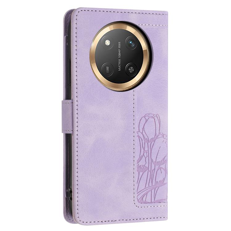 For Honor X60 Pro Tulips Embossed Leather Phone Case with Lanyard