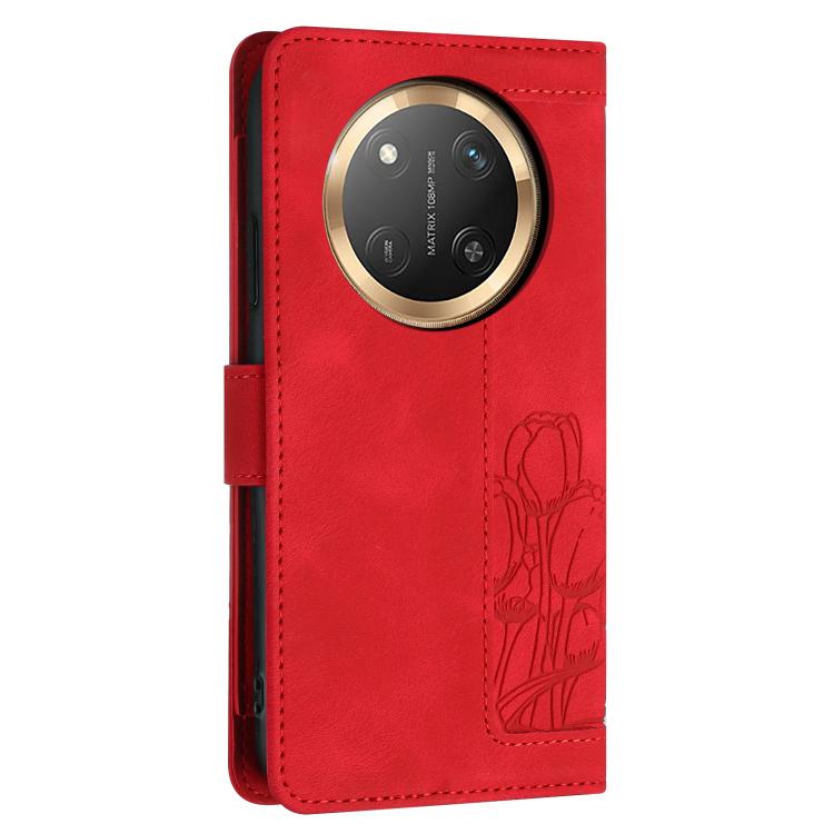 For Honor X60 Pro Tulips Embossed Leather Phone Case with Lanyard