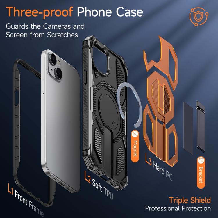 For iPhone 15 Hidden Metal Holder Magnetic Shockproof Phone Case