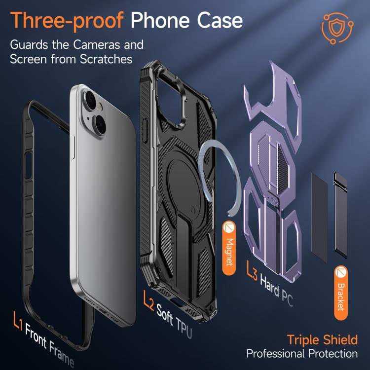 For iPhone 15 Hidden Metal Holder Magnetic Shockproof Phone Case