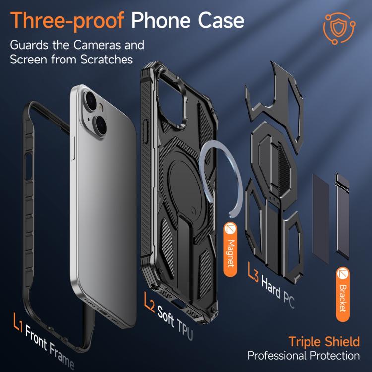 For iPhone 15 Plus / 14 Plus Hidden Metal Holder Magnetic Shockproof Phone Case