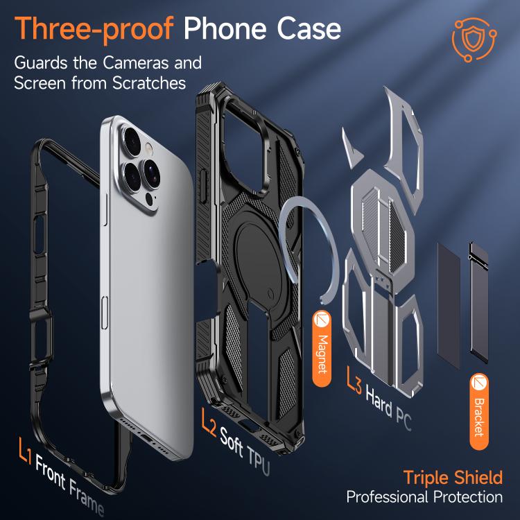 For iPhone 16 Pro Max Hidden Metal Holder Magnetic Shockproof Phone Case