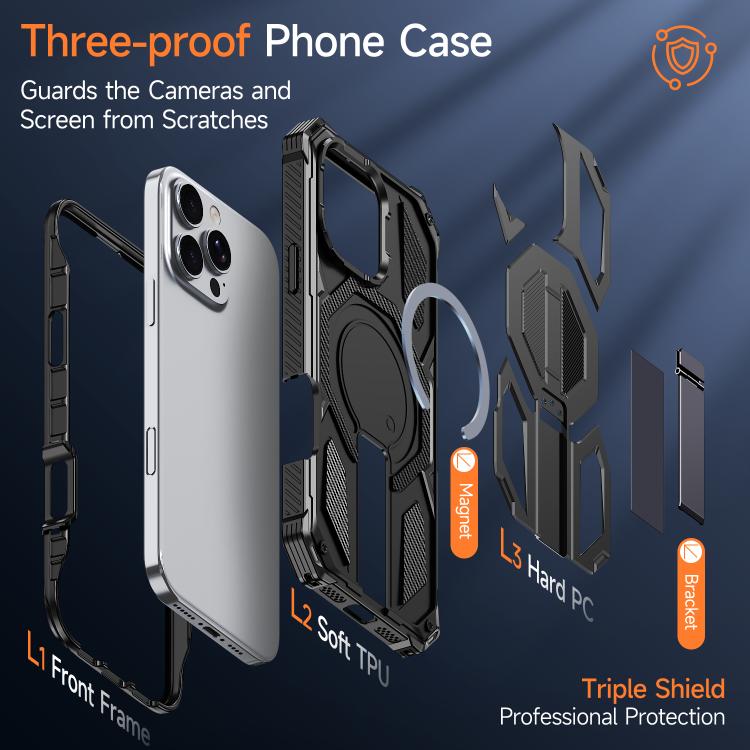 For iPhone 16 Pro Hidden Metal Holder Magnetic Shockproof Phone Case