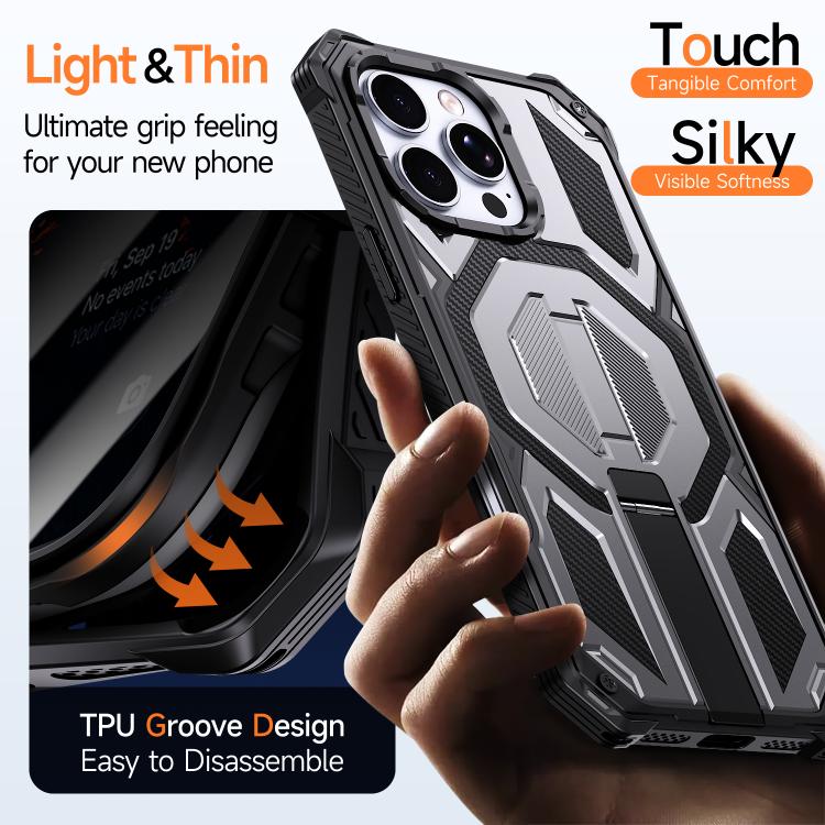 For iPhone 16 Pro Hidden Metal Holder Magnetic Shockproof Phone Case
