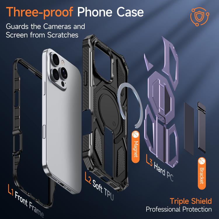 For iPhone 16 Pro Hidden Metal Holder Magnetic Shockproof Phone Case