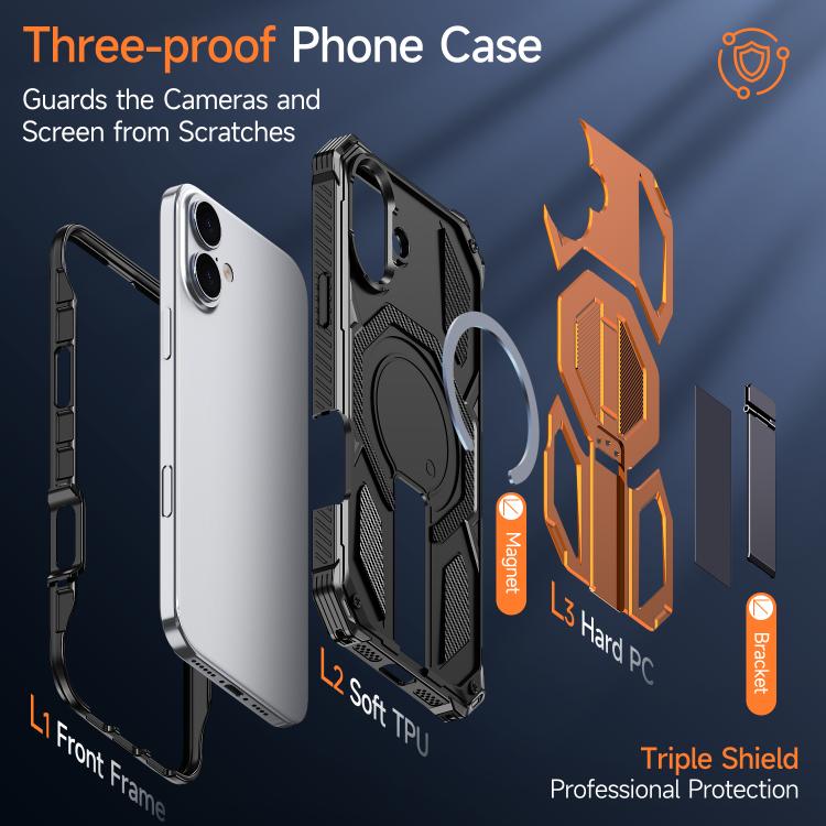 For iPhone 16 Plus Hidden Metal Holder Magnetic Shockproof Phone Case
