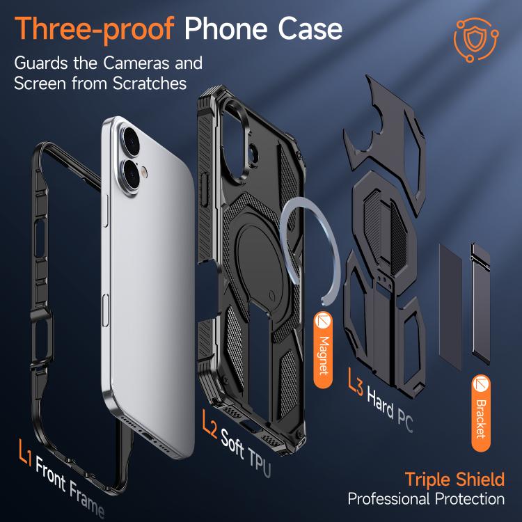 For iPhone 16 Plus Hidden Metal Holder Magnetic Shockproof Phone Case