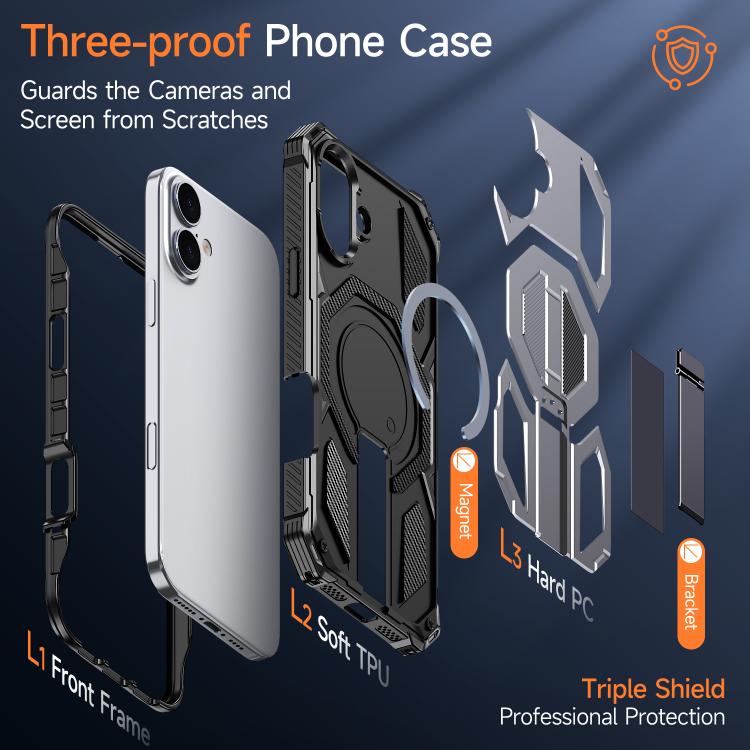 For iPhone 16 Plus Hidden Metal Holder Magnetic Shockproof Phone Case