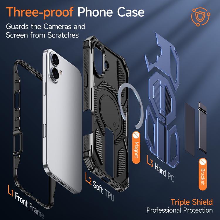 For iPhone 16 Plus Hidden Metal Holder Magnetic Shockproof Phone Case