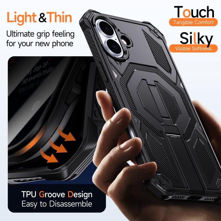 For iPhone 16 Hidden Metal Holder Magnetic Shockproof Phone Case