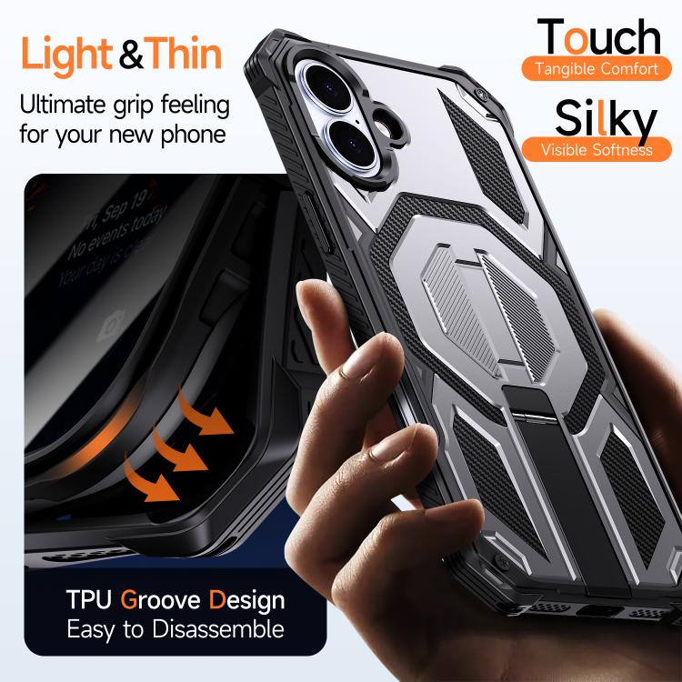 For iPhone 16 Hidden Metal Holder Magnetic Shockproof Phone Case