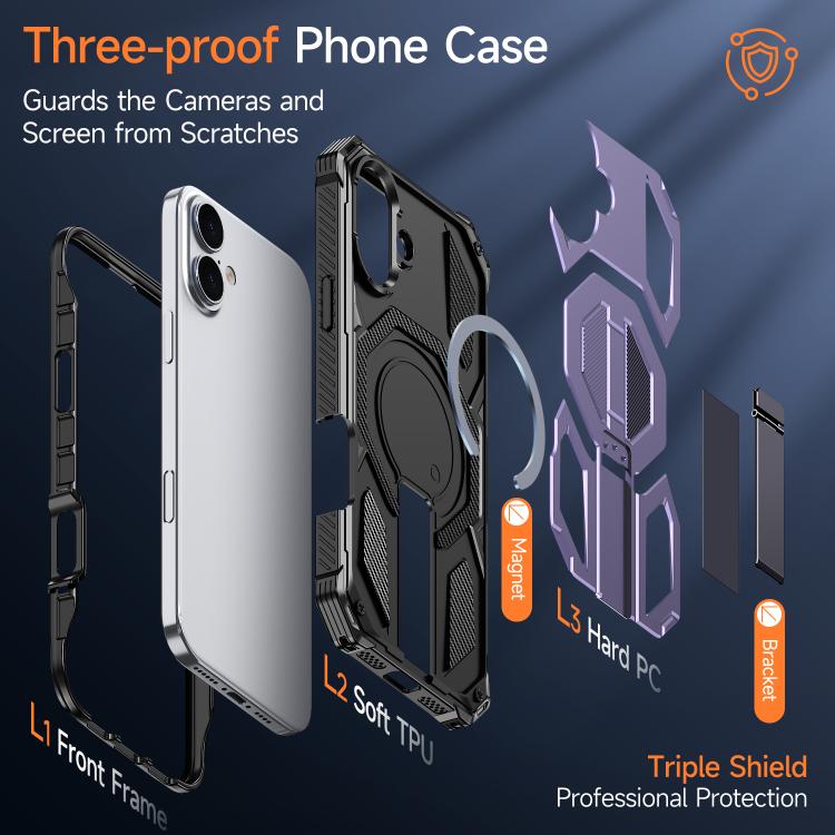 For iPhone 16 Hidden Metal Holder Magnetic Shockproof Phone Case