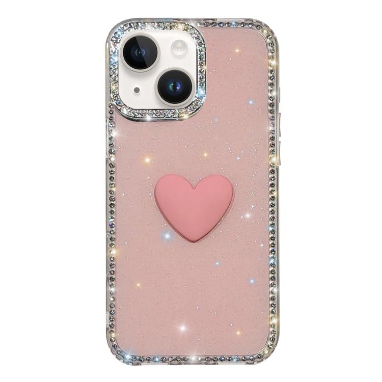 For iPhone 15 Flash Rhinestone Double-sided IMD Love Heart Phone Case