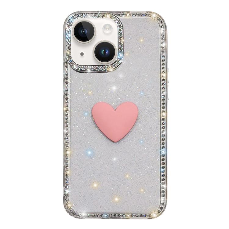 For iPhone 14 Flash Rhinestone Double-sided IMD Love Heart Phone Case