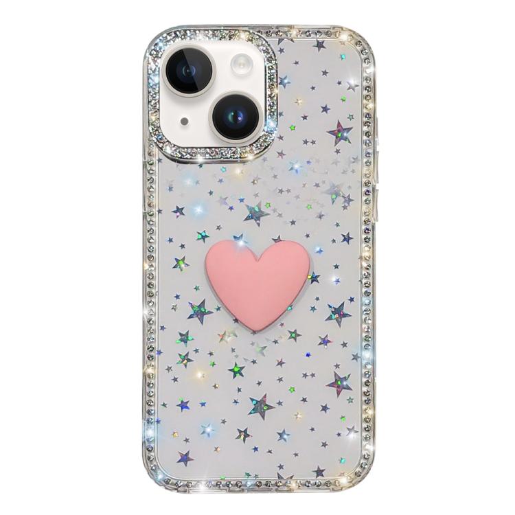 For iPhone 14 Flash Rhinestone Double-sided IMD Love Heart Phone Case