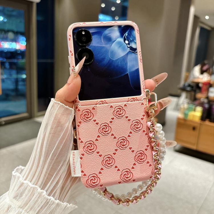 For Honor Magic V Flip Side Buckle Embossed Rose Phone Case with Bracelet