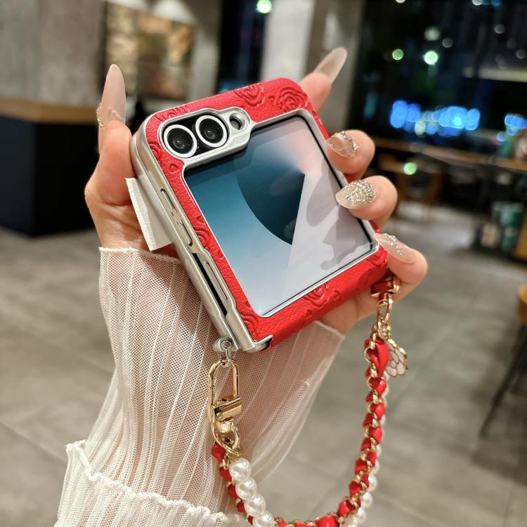 For Samsung Galaxy Z Flip5 Side Buckle Embossed Rose Phone Case with Bracelet