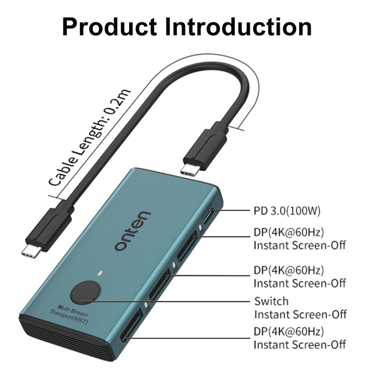 Onten UC935 USB-C / Type-C to DisplayPort, PD100W Portable DP Adapter with Instant Screen-Off - Pine Green