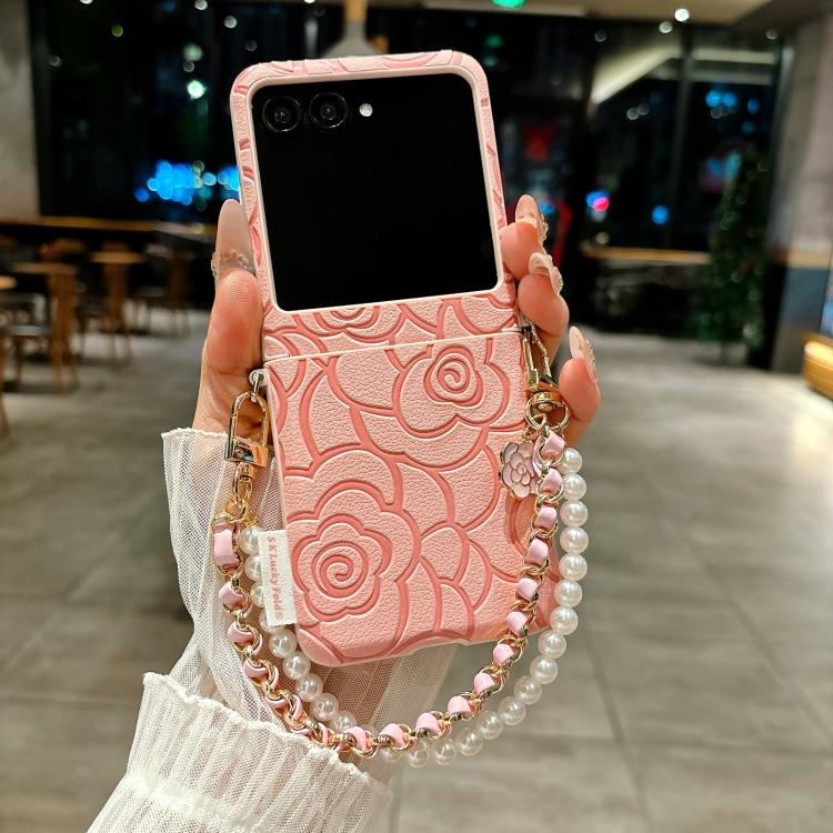 For Motorola Razr 50 / Razr 60 Side Buckle Embossed Camellia Phone Case with Bracelet