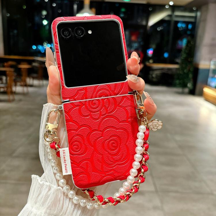 For Motorola Razr 50 / Razr 60 Side Buckle Embossed Camellia Phone Case with Bracelet