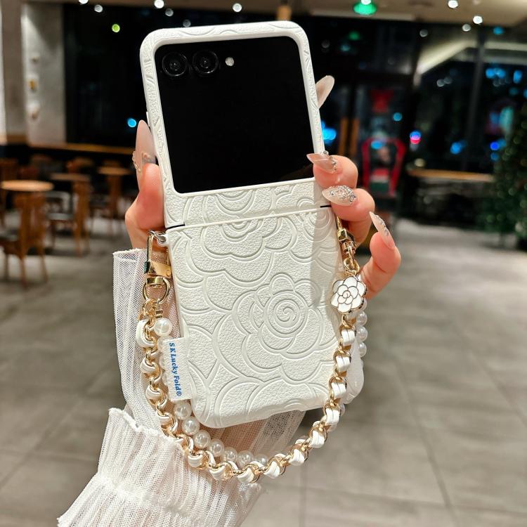 For Motorola Razr 50 / Razr 60 Side Buckle Embossed Camellia Phone Case with Bracelet