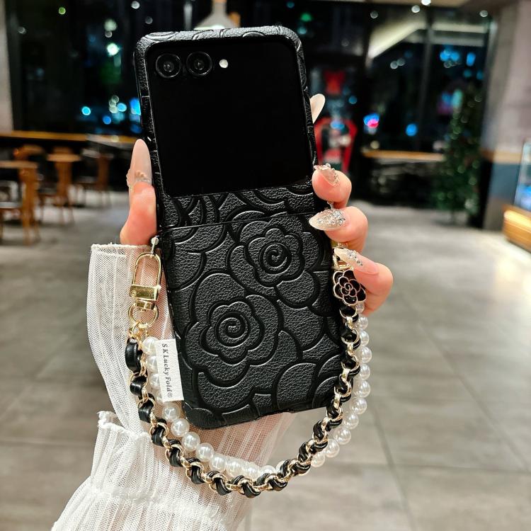 For Motorola Razr 50 / Razr 60 Side Buckle Embossed Camellia Phone Case with Bracelet