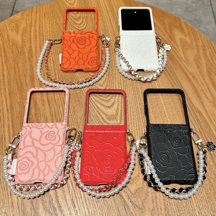 For Motorola Razr 50 / Razr 60 Side Buckle Embossed Camellia Phone Case with Bracelet