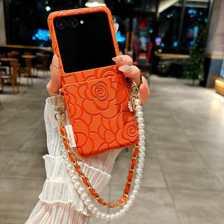 For Motorola Razr 50 / Razr 60 Side Buckle Embossed Camellia Phone Case with Bracelet
