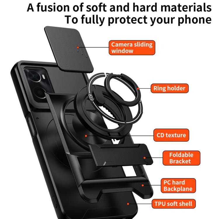 For OPPO A76 / A36 Lens Sliding Window Multifunctional Magnetic Shockproof Phone Case