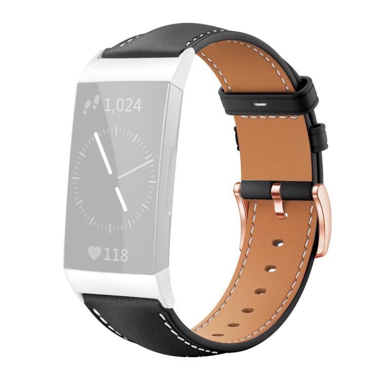 For Fitbit Charge 4 / 3 xDfind Rose Gold Buckle Black Shark Fine Grain Vegan Leather Watch Band