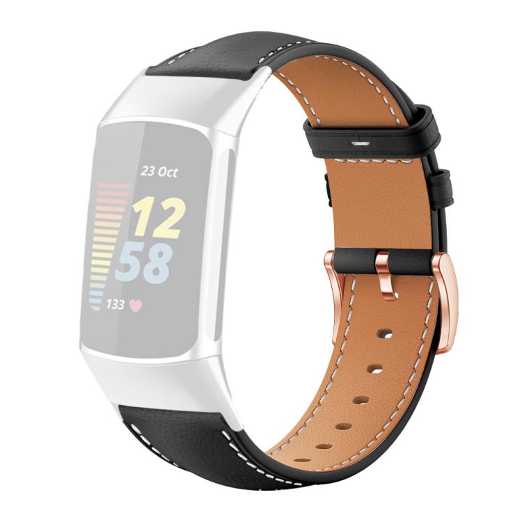 For Fitbit Charge 6 / 5 xDfind Rose Gold Buckle Black Shark Fine Grain Vegan Leather Watch Band