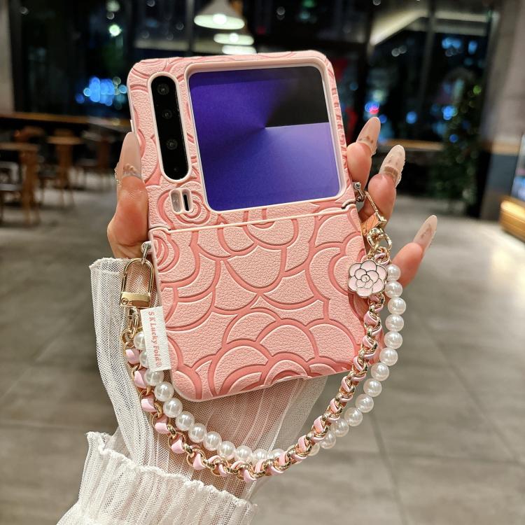 For Huawei Pura X Side Buckle Embossed Camellia Phone Case with Bracelet