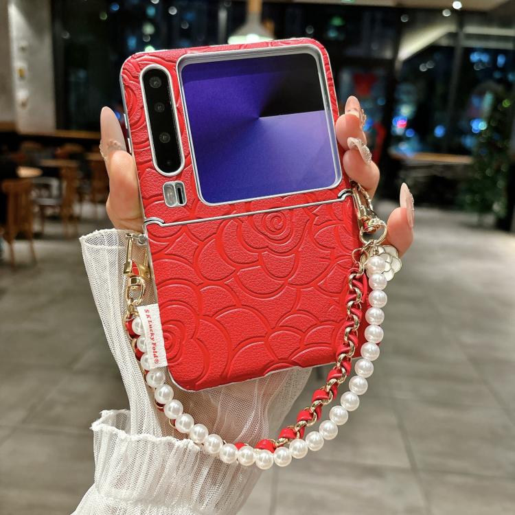 For Huawei Pura X Side Buckle Embossed Camellia Phone Case with Bracelet
