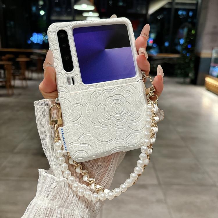 For Huawei Pura X Side Buckle Embossed Camellia Phone Case with Bracelet