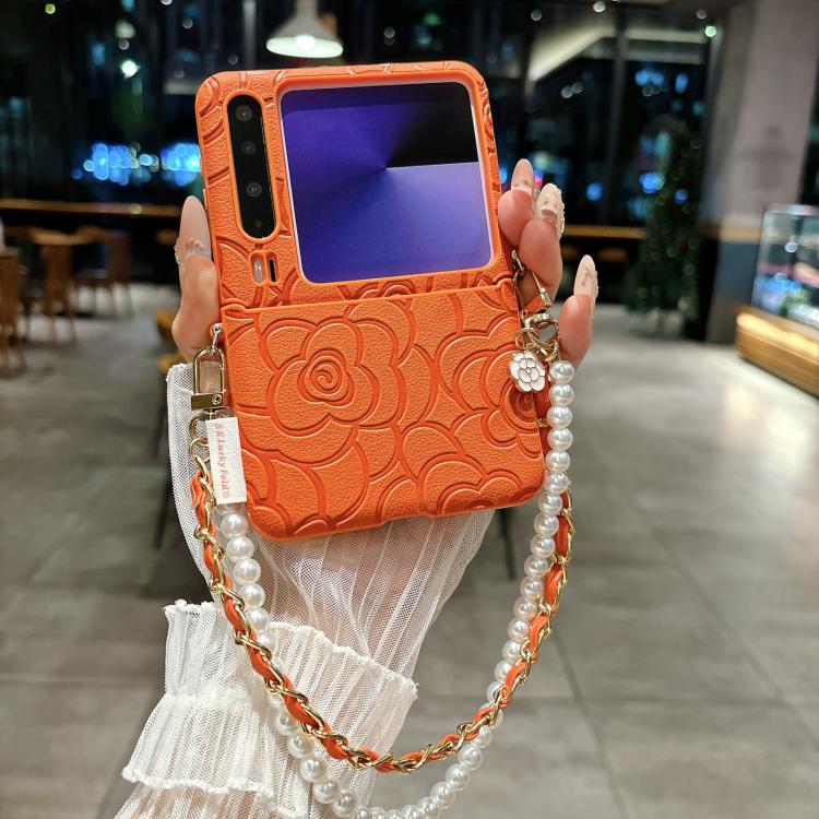 For Huawei Pura X Side Buckle Embossed Camellia Phone Case with Bracelet