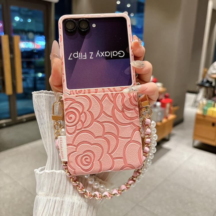 For Samsung Galaxy Z Flip7 5G Side Buckle Embossed Camellia Phone Case with Bracelet