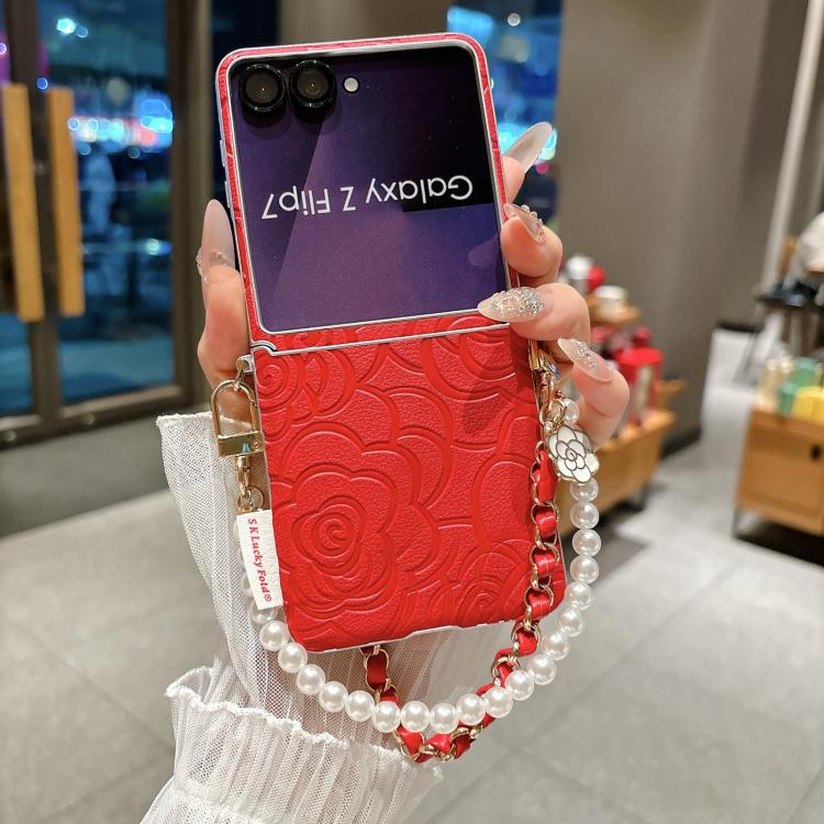 For Samsung Galaxy Z Flip7 5G Side Buckle Embossed Camellia Phone Case with Bracelet