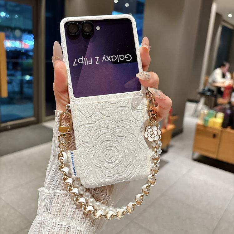 For Samsung Galaxy Z Flip7 5G Side Buckle Embossed Camellia Phone Case with Bracelet
