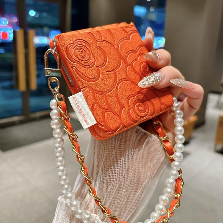 For Samsung Galaxy Z Flip7 5G Side Buckle Embossed Camellia Phone Case with Bracelet