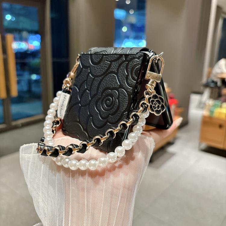 For Samsung Galaxy Z Flip7 5G Side Buckle Embossed Camellia Phone Case with Bracelet