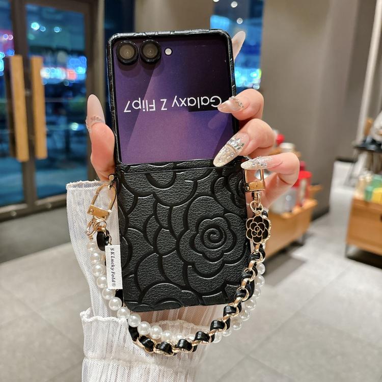 For Samsung Galaxy Z Flip7 5G Side Buckle Embossed Camellia Phone Case with Bracelet