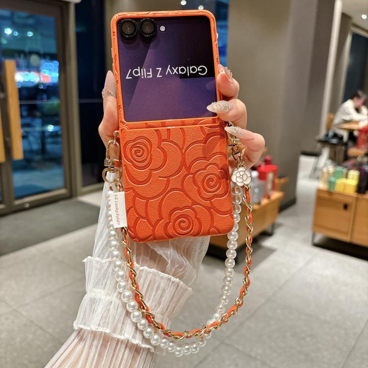 For Samsung Galaxy Z Flip7 5G Side Buckle Embossed Camellia Phone Case with Bracelet